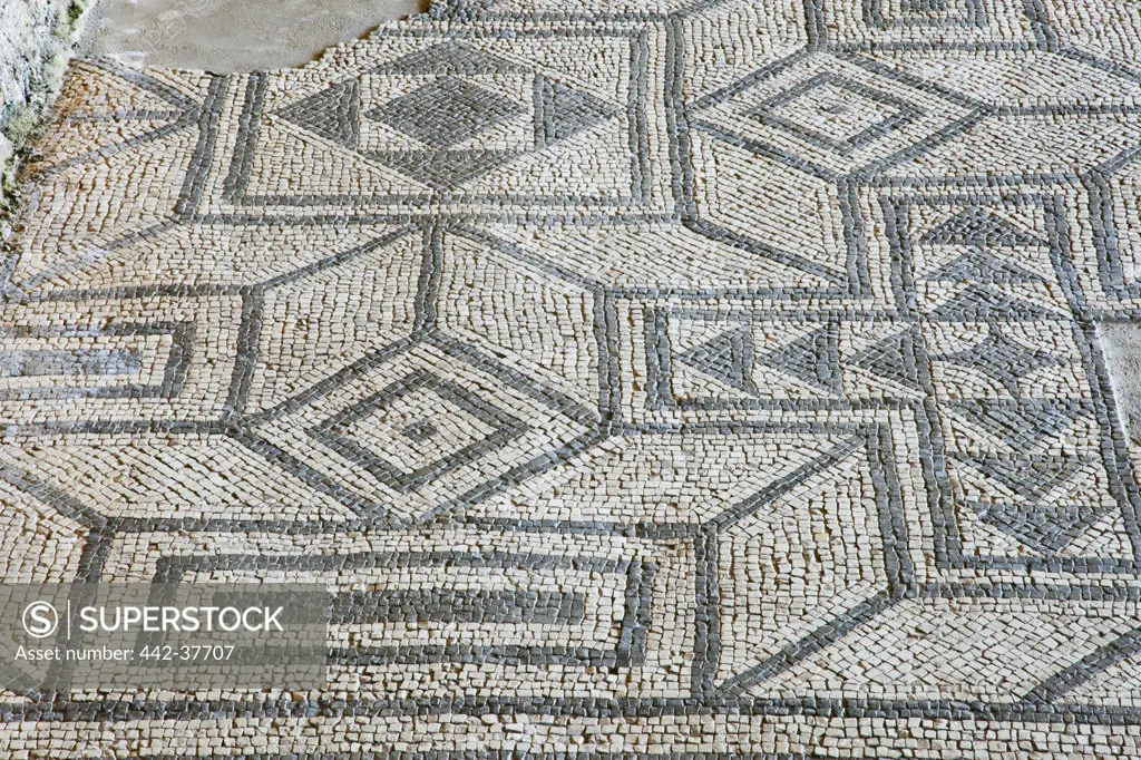 UK, England, West Sussex, Chichester, Fishbourne, The Roman Palace, Detail of Floor Mosaic