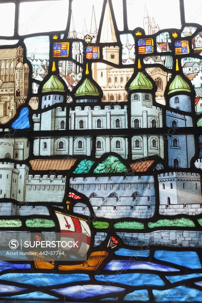 England,London,The City,All Hallows By The Tower Church,Stained Glass Window depicting River Thames and Tower of London