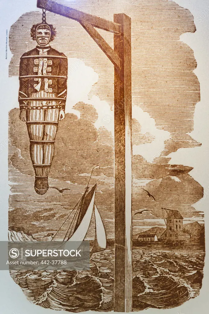 England,London,Docklands,Canary Wharf,Museum of Docklands,Illustration of Prisoner in 18th century Gibbet Cage