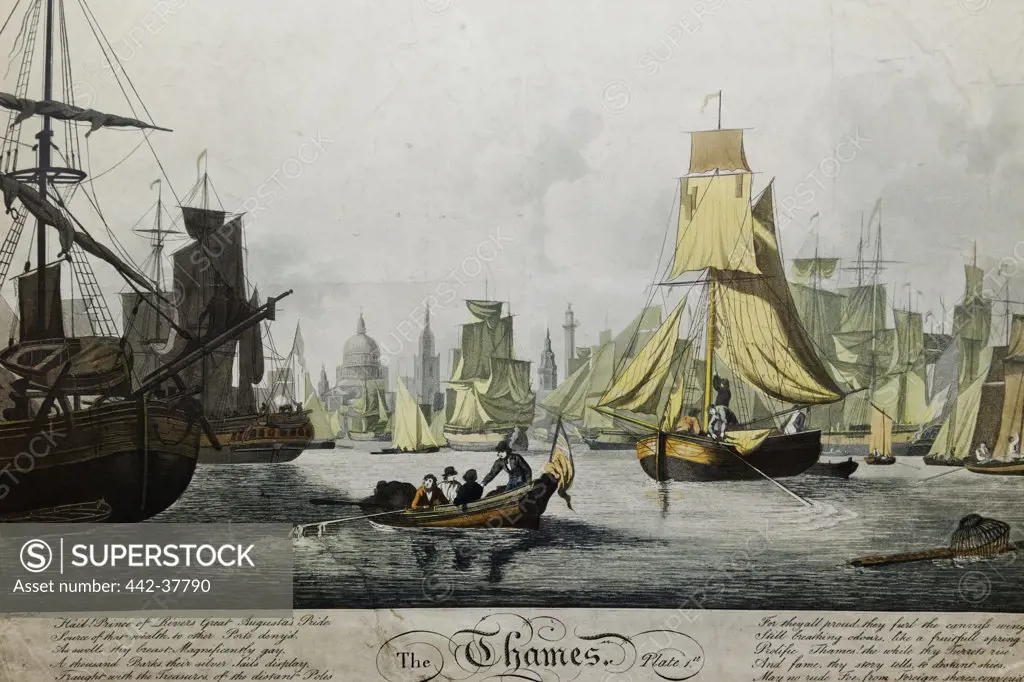 England,London,Docklands,Canary Wharf,Museum of Docklands,Aquatint Print of the Thames dated 1799 by Rudolph Ackermann