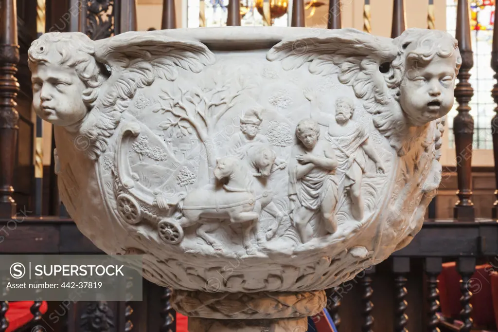 England,London,The City,St.Margaret Lothbury Church,The Font depicting Biblical Scenes and Cherub Heads