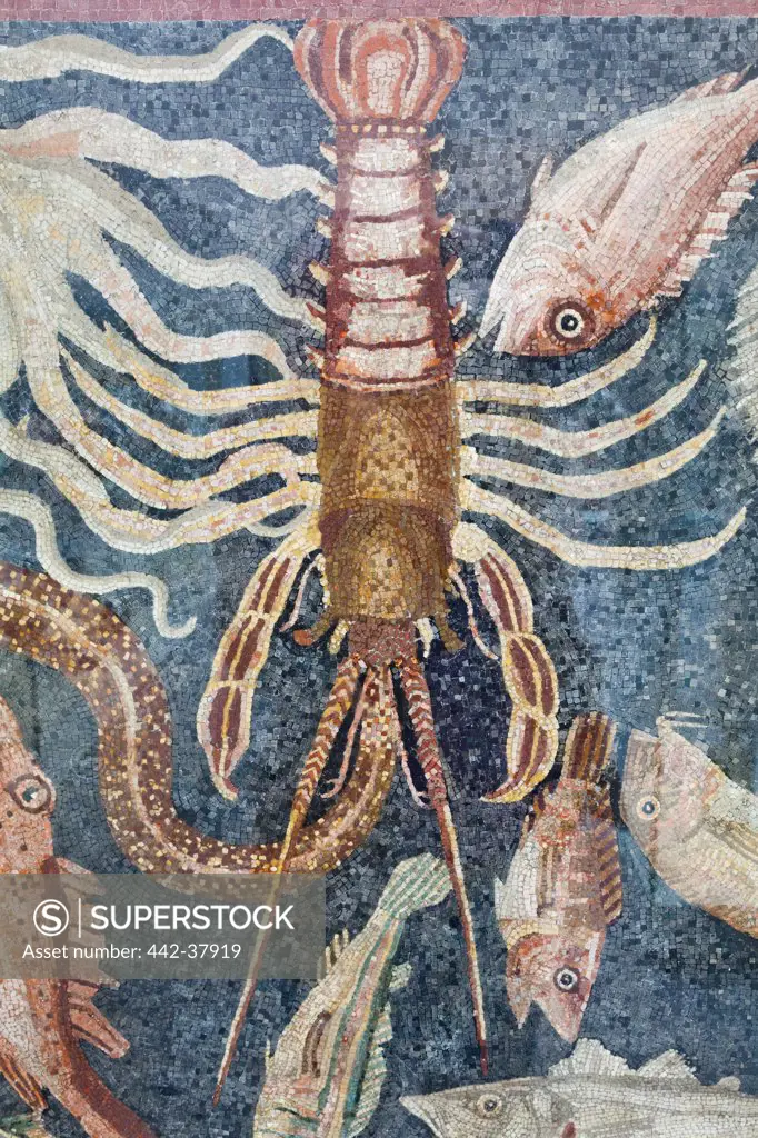 UK, England, London, British Museum, Mosaic from Roman Villa at Plazza Armerina in Sicily depicting Seafood