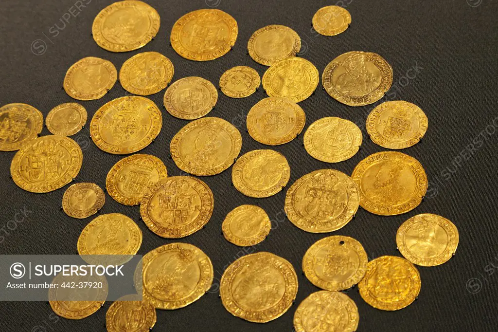 Display of English Gold Coins dating from 1558-1625