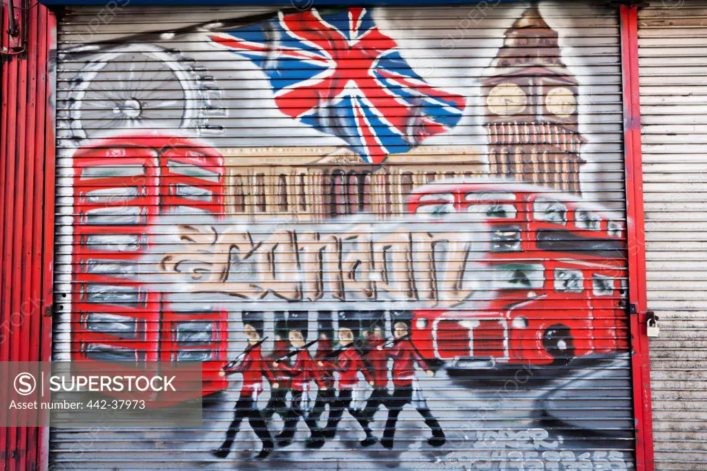 UK, England, London, Camden, Camden High Street, Shop Window Shutter with Graffiti
