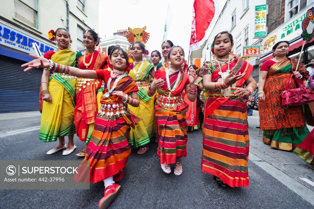 England, London, Banglatown, Bengali New Year Festival, Boishakhi Mela Parade, Children in Bengali Costume