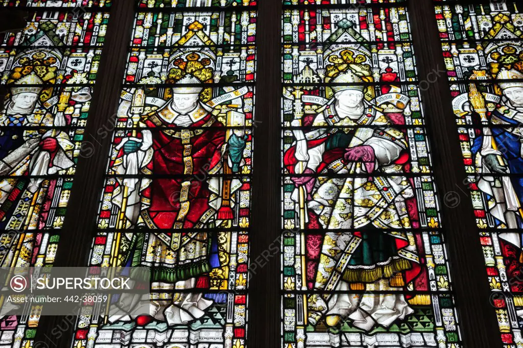 England, Cambridgeshire, Ely, Ely Cathedral, Stained Glass Window in Bishop Alcock's Chantry Chapel depicting Former Bishops