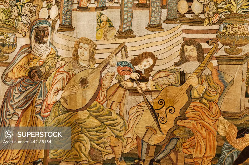 England, Oxfordshire, Oxford, Ashmolean Museum, Spanish Embroidery (1650) depicting Court Musicians