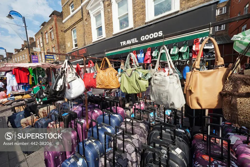UK, London, Whitechapel, Petticoat Lane Market, Purses on display
