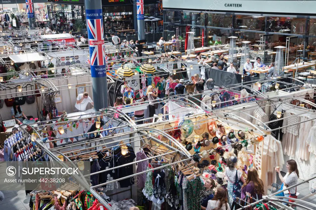 UK, London, Whitechapel, Spitalfields Market, Market booths