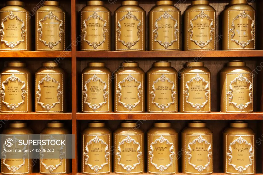 UK, London, Piccadilly, Display of tea boxes