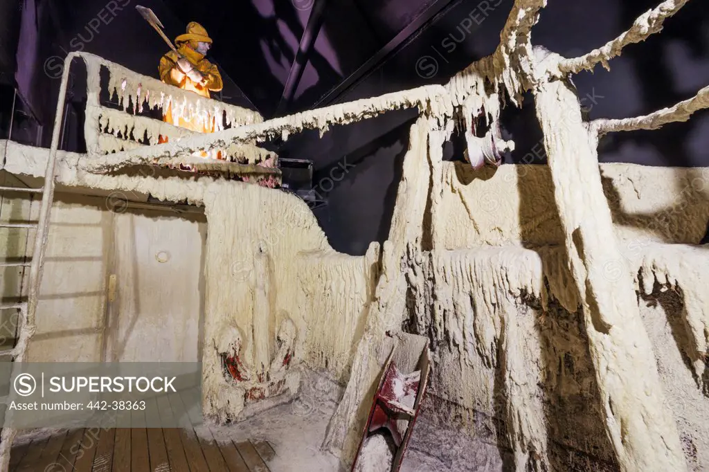 Exhibition of ice covered fishing trawler deck, National Fishing Heritage Centre, Grimsby, Lincolnshire, England