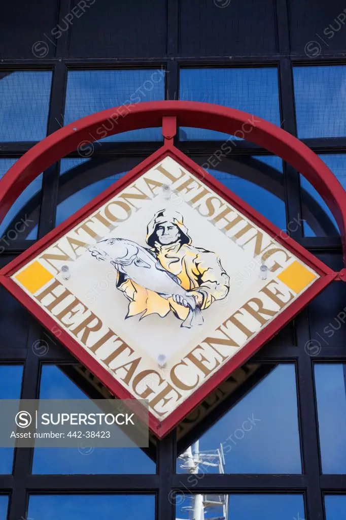 Low angle view of a signboard at a museum, National Fishing Heritage Centre, Grimsby, Lincolnshire, England