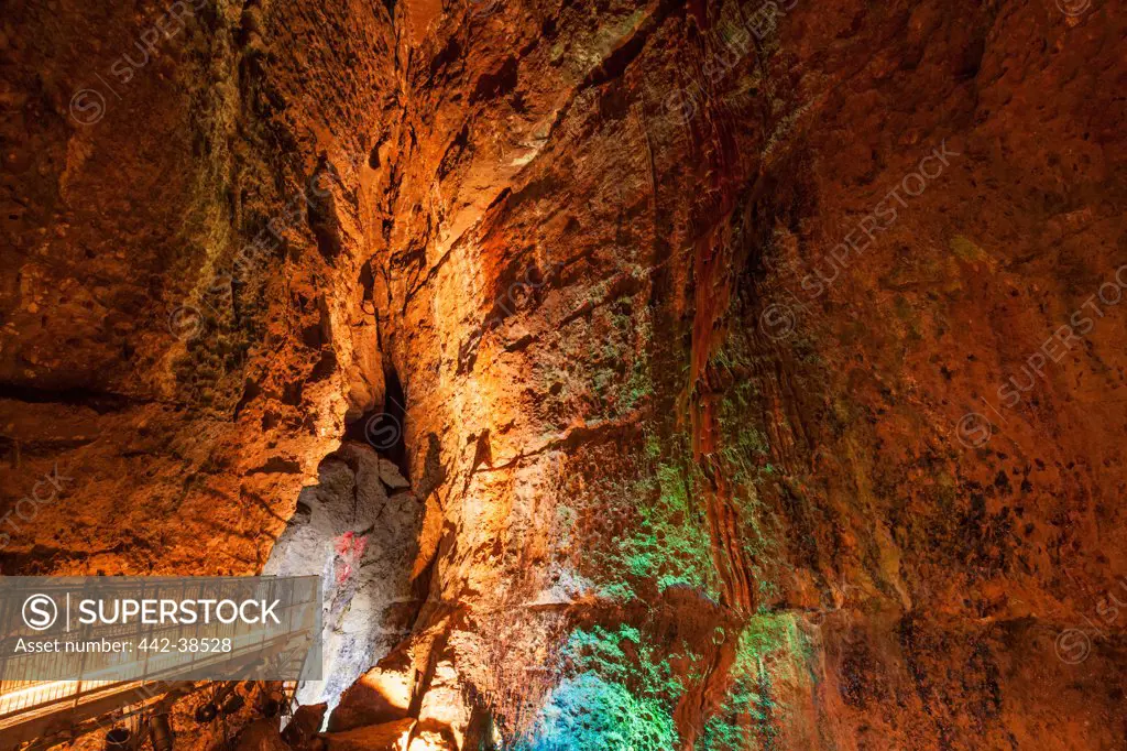 UK, England, Somerset, Wookey Hole, Wookey Hole Caves, Colorful lights in cave
