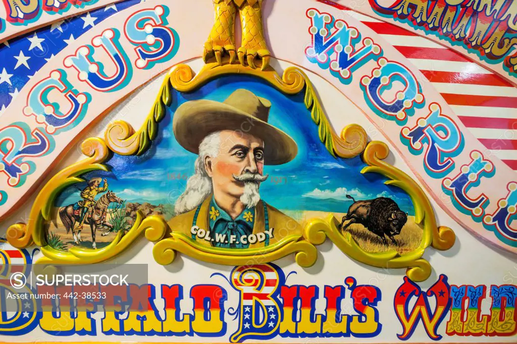 UK, England, Somerset, Wookey Hole, Circus Museum, Detail Artwork of Circus Wagon depicting Buffalo Bill