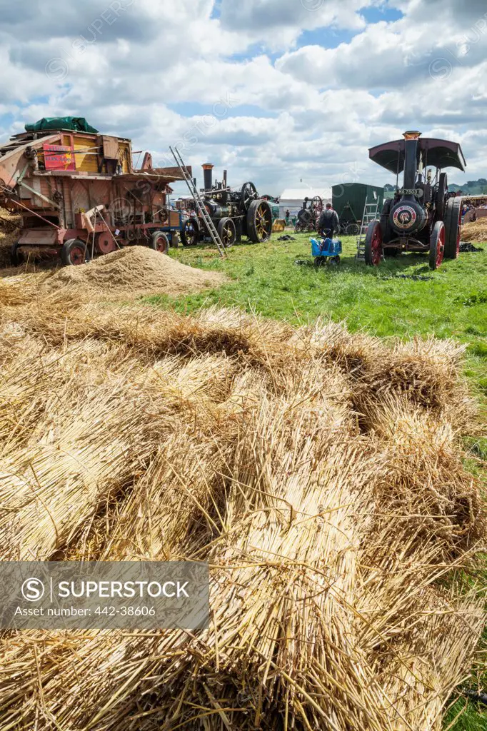 UK, England, Dorset, Blanford, The Great Dorset Steam Fair, Hay Bales and Steam Engines