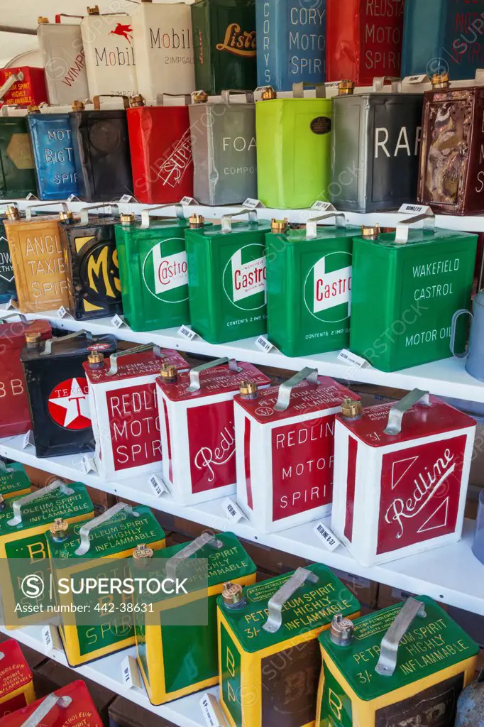 UK, England, Dorset, Blanford, The Great Dorset Steam Fair, Exhibitors Display of Vintage Petrol Cans