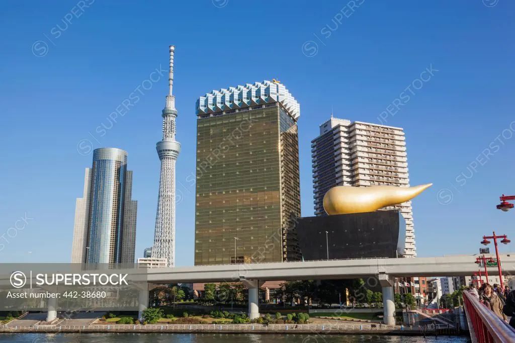 Japan, Honshu, Kanto, Tokyo, Asakusa, Office Buildings And Skytree Tower And Sumidagawa River