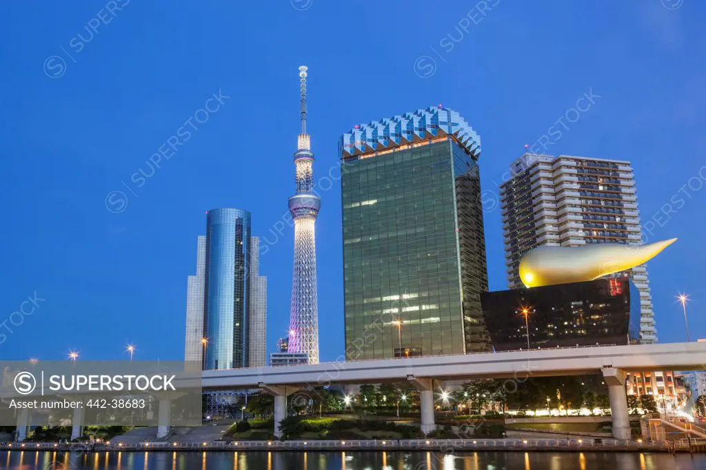 Japan, Honshu, Kanto, Tokyo, Asakusa, Office Buildings And Skytree Tower And Sumidagawa River