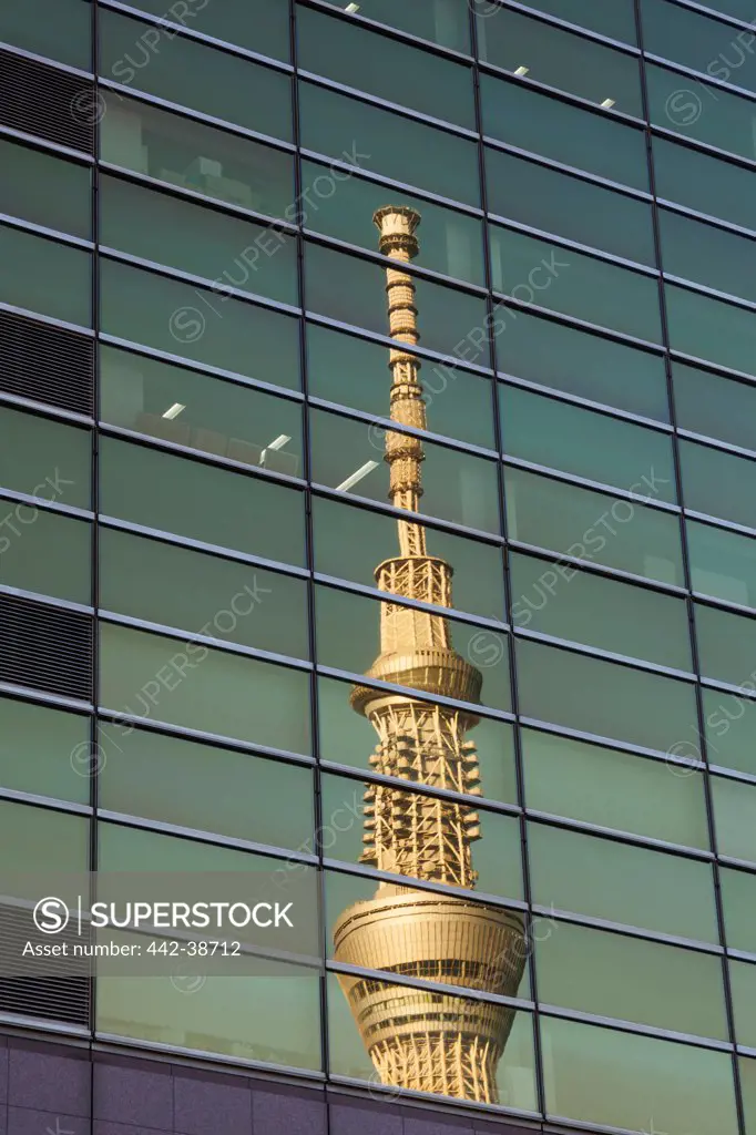 Japan, Honshu, Kanto, Tokyo, Asakusa, Office Buildings And Reflection Of Skytree Tower