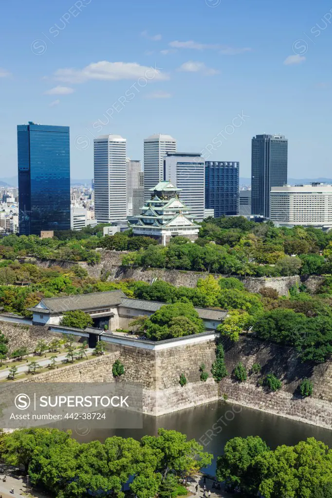 Japan, Honshu, Kansai, Osaka, Osaka Castle And Office Buildgins