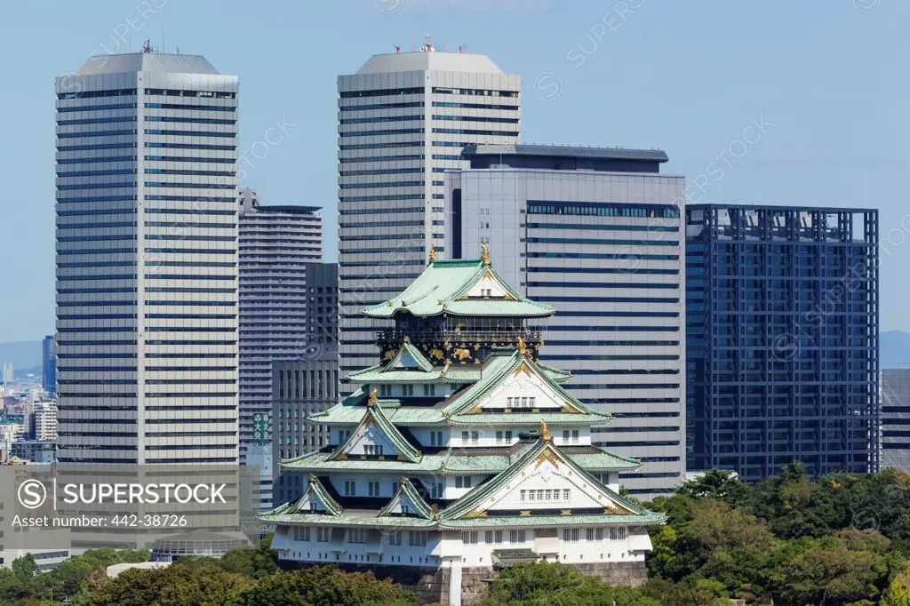 Japan, Honshu, Kansai, Osaka, Osaka Castle And Skyscrapers
