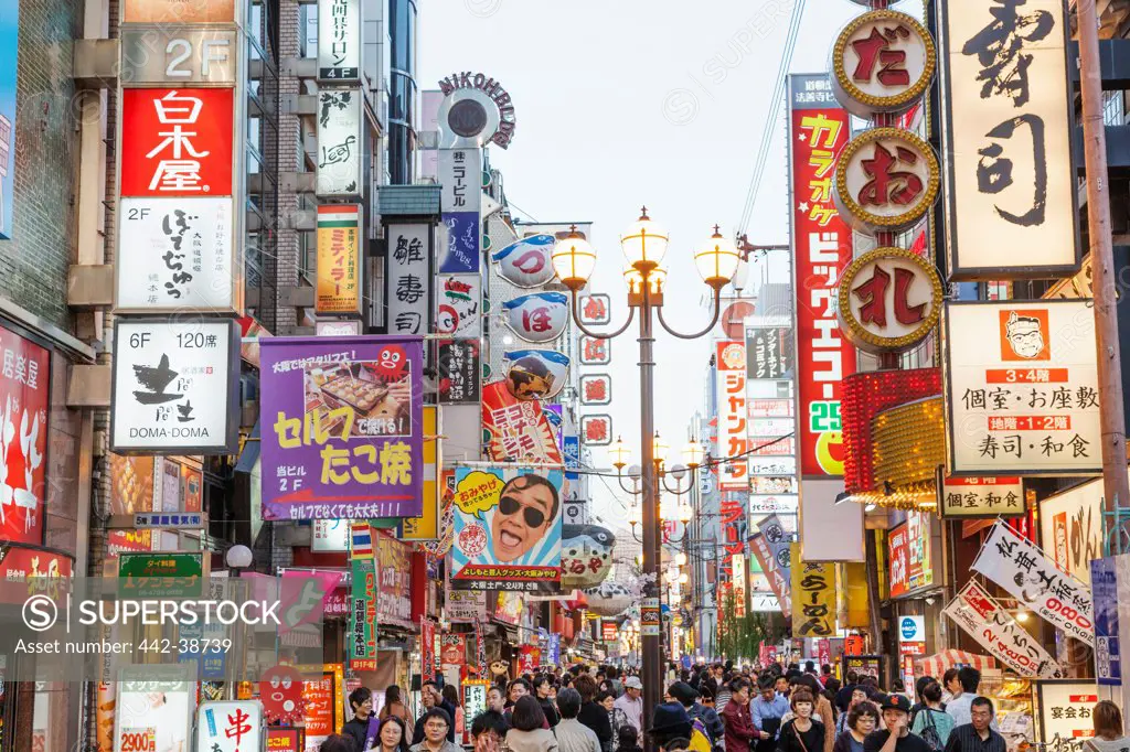 Japan, Honshu, Kansai, Osaka, Namba, Dotombori Street, Crowd And Shop Signs