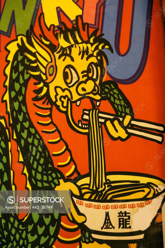 Japan, Honshu, Kansai, Osaka, Namba, Dotombori Street, Restaurant Advertising Poster Depicting Dragon Eating Noodles