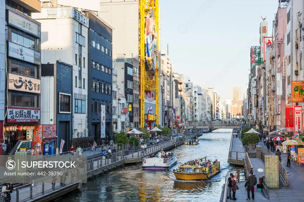 Japan, Honshu, Kansai, Osaka, Namba, Dotombori, Tour Boats On The Dotomborigawa River