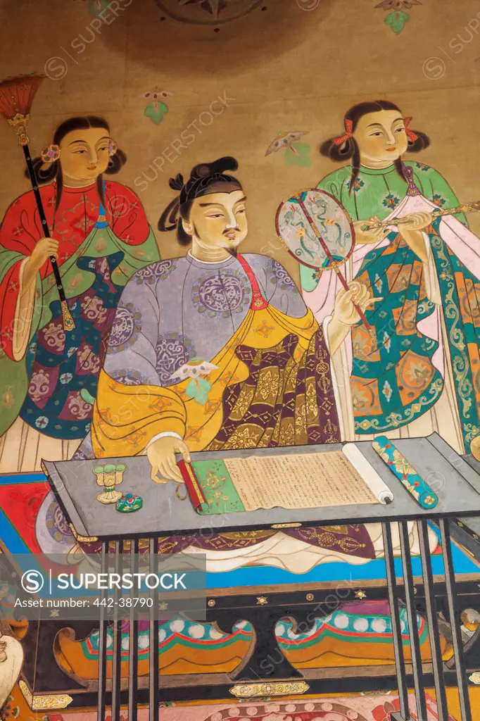 Japan, Honshu, Kansai, Osaka, Tennoji, Shitennoji Temple, Wall Painting Depicting Historical Scene