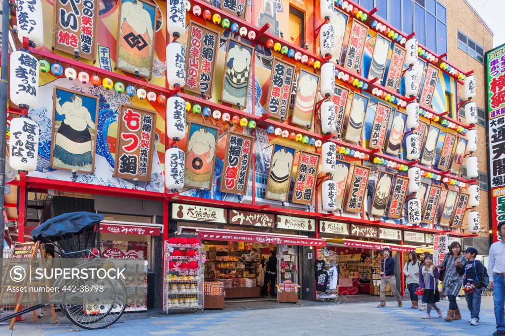 Japan, Honshu, Kansai, Osaka, Tennoji, Restaurant Facade With Lanterns And Sumo Wrestler Picture Decoration