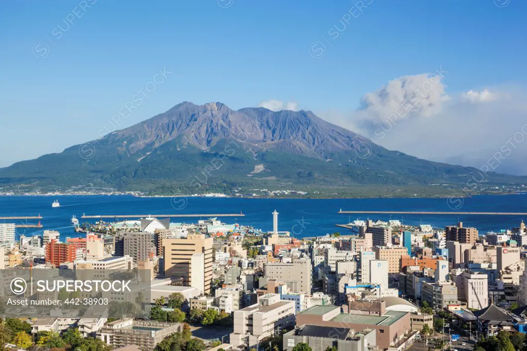 Japan, Kyushu, Kagoshima, Kagoshima City Skyline and Sakurajima Volcano