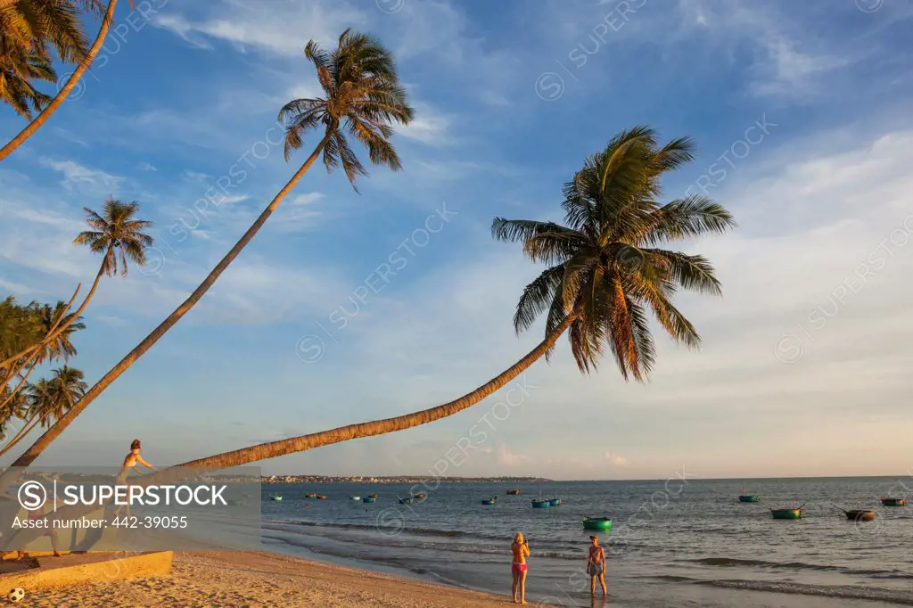 Vietnam, Mui Ne, Mui Ne Beach, Tourists and Palm Trees
