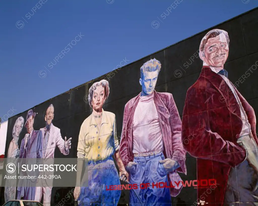 Low angle view of a mural of Hollywood stars, Hollywood, Los Angeles, California, USA