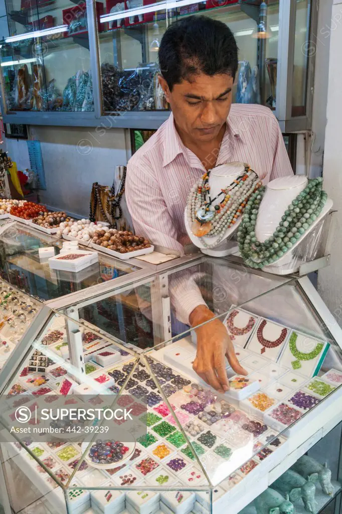 Gemstone and jewelry displayed in a store, Bogyoke Market, Yangon, Myanmar