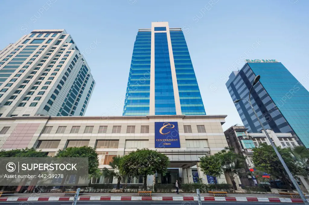 Low angle view of office buildings, Centerpoint Towers, Yangon, Myanmar