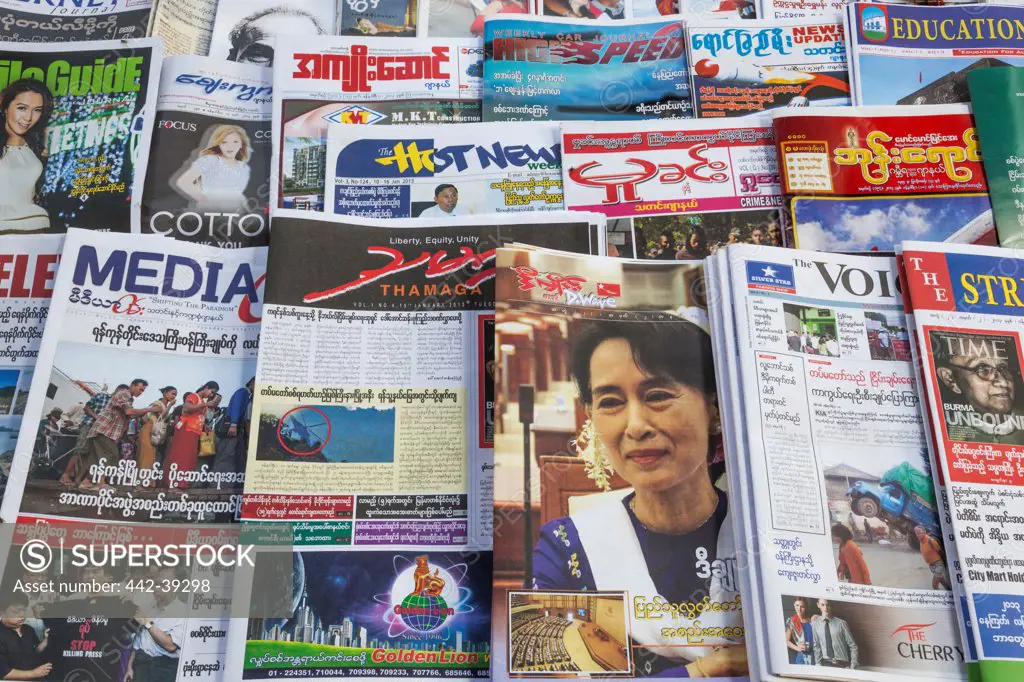 Aung San Suu Kyi photo displaying on a magazine cover, Yangon, Myanmar