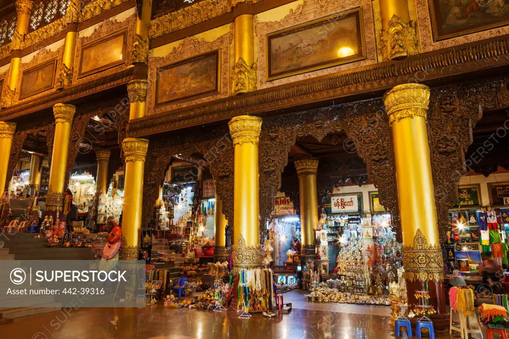 Souvenir shops at the entranceway of a temple, Shwedagon Pagoda, Yangon, Myanmar