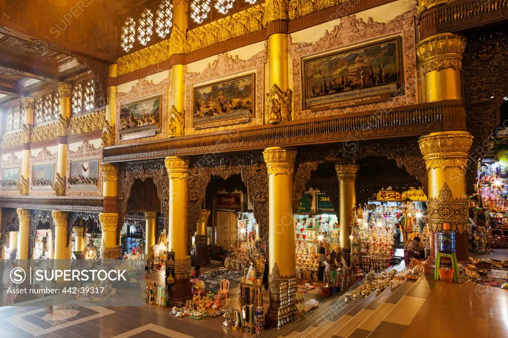 Souvenir shops at the entranceway of a temple, Shwedagon Pagoda, Yangon, Myanmar