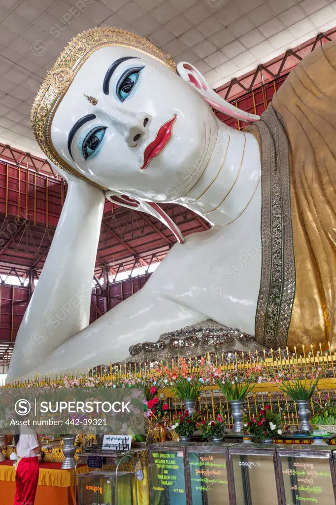 Giant reclining statue of Buddha in a temple, Chauk Htat Gyi Pagoda, Yangon, Myanmar