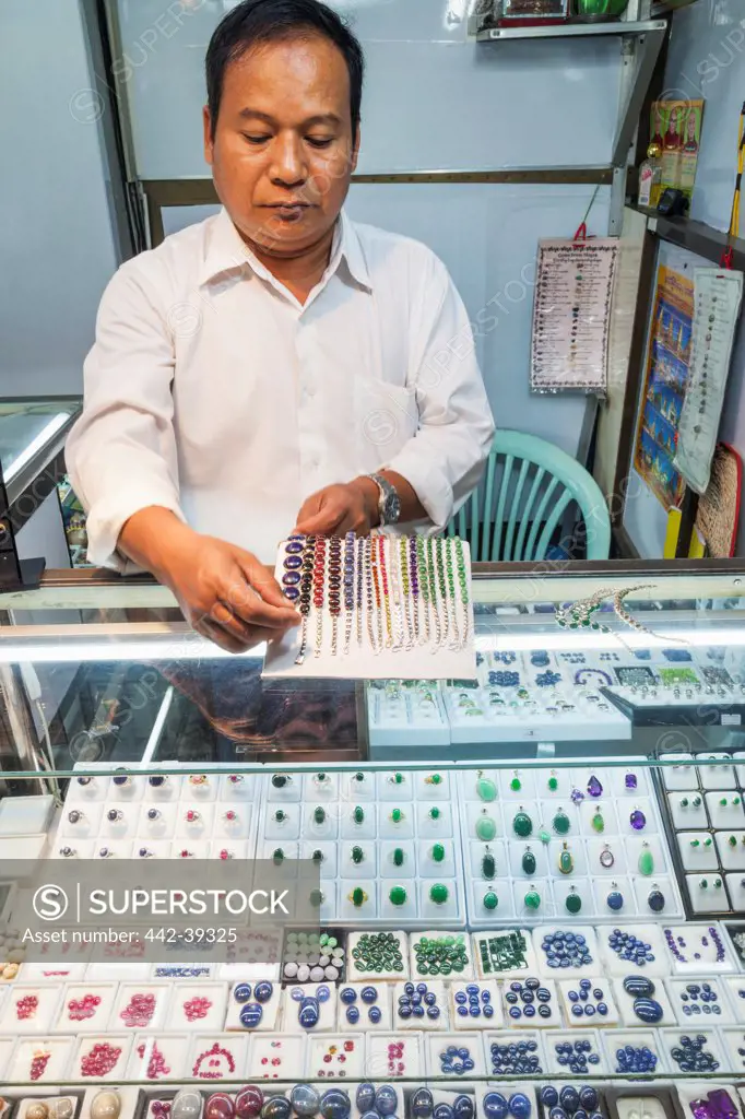 Gemstone and jewelry displayed in a store, Bogyoke Market, Yangon, Myanmar