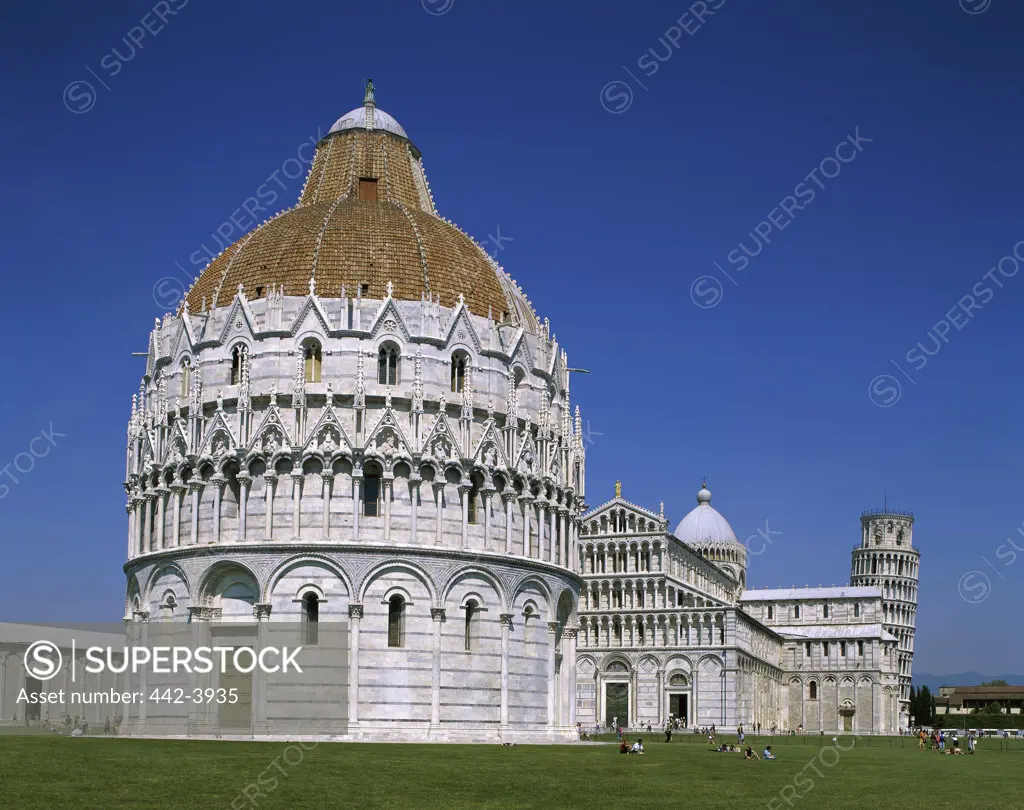 Low angle view of a cathedral, Baptistery, Duomo, Leaning Tower, Pisa, Italy