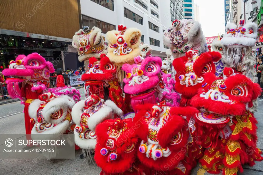 China, Hong Kong, Group of Lion Dancers
