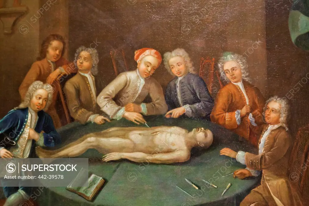UK, England, London, Euston, The Wellcome Collection Museum, Painting of William Cheselden Giving an Anatomical Demonstration at Anatomy Theatre of Barber-Surgeons Company, Oil on Canvas, British 1730-1740