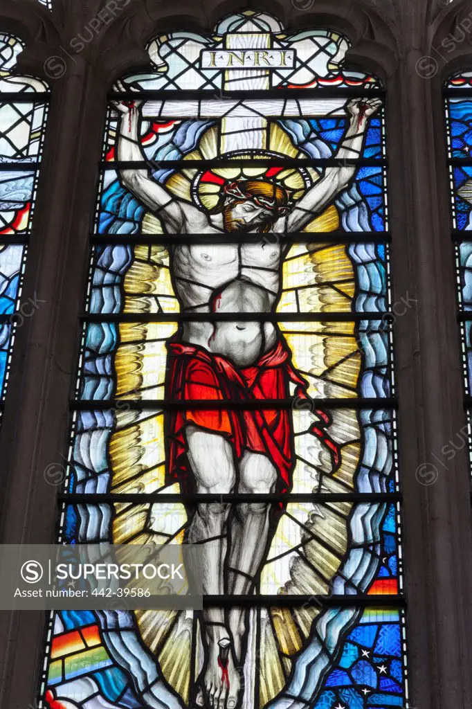 UK, England, London, The City, St Olave Hart Street Church, Stained Glass Window depicting Christ as Savior