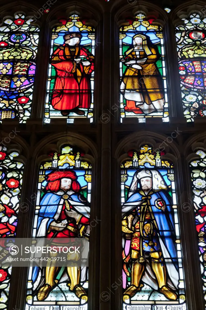 UK, England, Berkshire, Windsor, Windsor Castle, St George's Chapel, Stained Glass Window depicting Medieval Nobles
