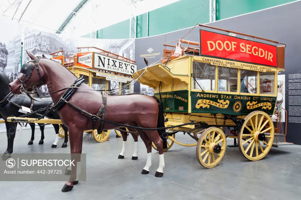 UK, England, Surrey, London, Vintage Horse Drawn Buses in London Bus Museum