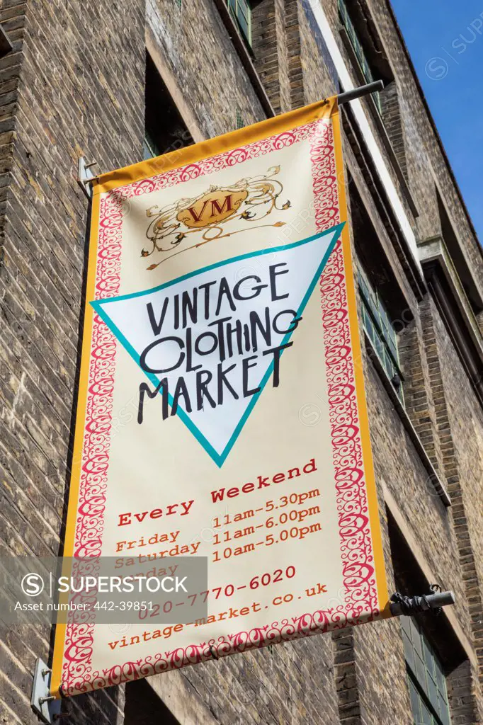 UK, England, London, Shoreditch, Brick Lane, Vintage Clothing Market Sign