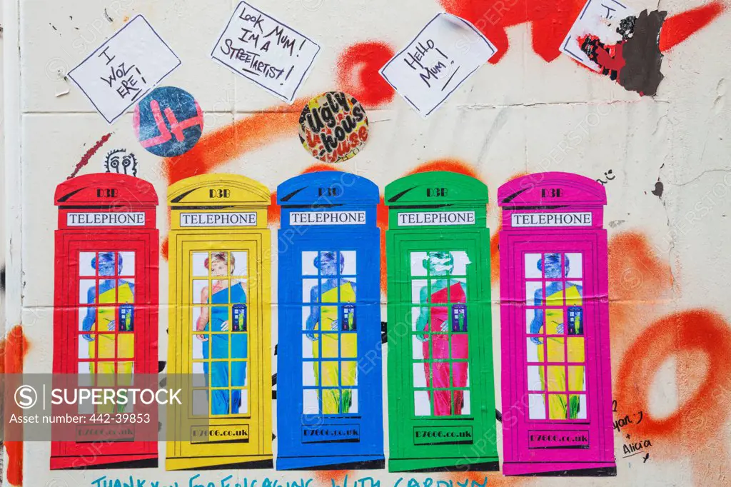 UK, England, London, Shoreditch, Brick Lane, Wall Mural showing Princess Diana in Telephone Box