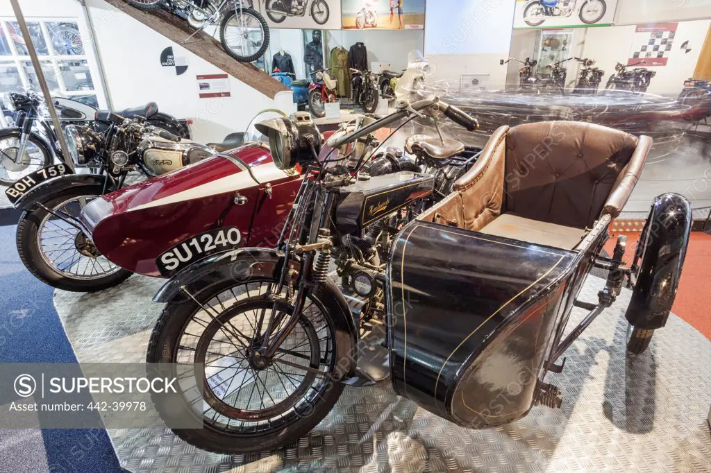 UK, England, Warwickshire, Coventry, Coventry Transport Museum, 1922 Hazlewood Motorcycle and Montgomery Sidecar