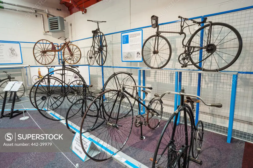 UK, England, Warwickshire, Coventry, Coventry Transport Museum, Display of Vintage Bicycles